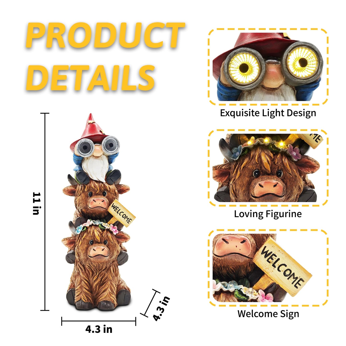 CFFOWNUG Garden Gnomes Outdoor Statue: 11'' Highland Cow Decor with Welcome Sign Funny Triple Yard Decorations with Solar Light Unique Birthday Gifts for Women Mother Grandma