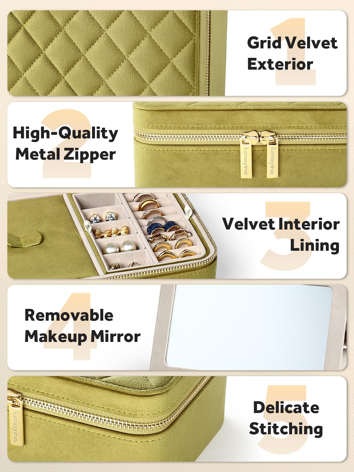 Lumayina Velvet Travel Jewelry Box with Large Mirror, Double-Layer Jewelry Organizer Case for Women and Girls, Portable Storage Case with 6 Anti-Tarnish Bags Gift Ready for Her (Avocado Green)