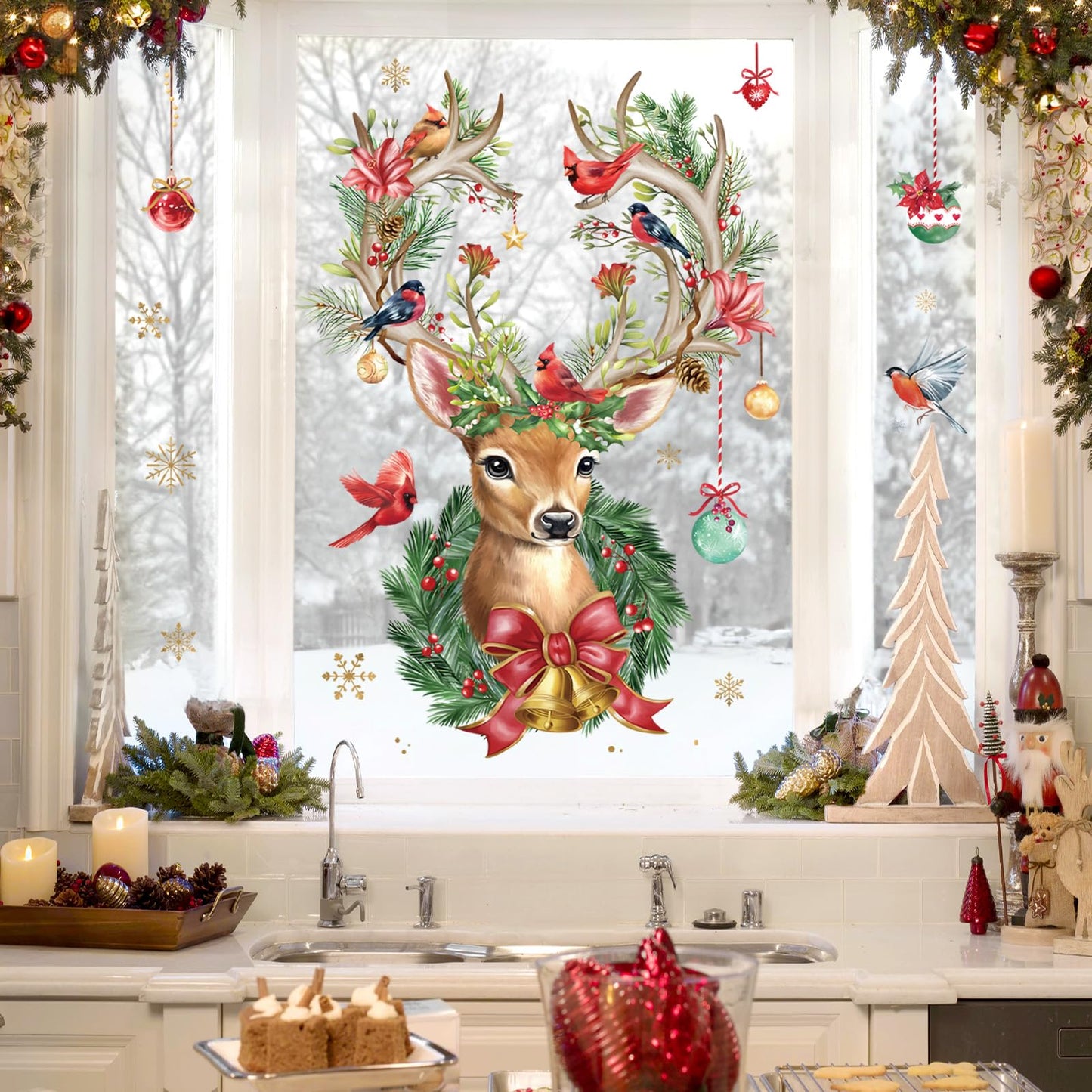 Wondever Reindeer Wall Stickers - Large Elk, Cardinal Bird, Window Art Decals for Party, Home Xmas