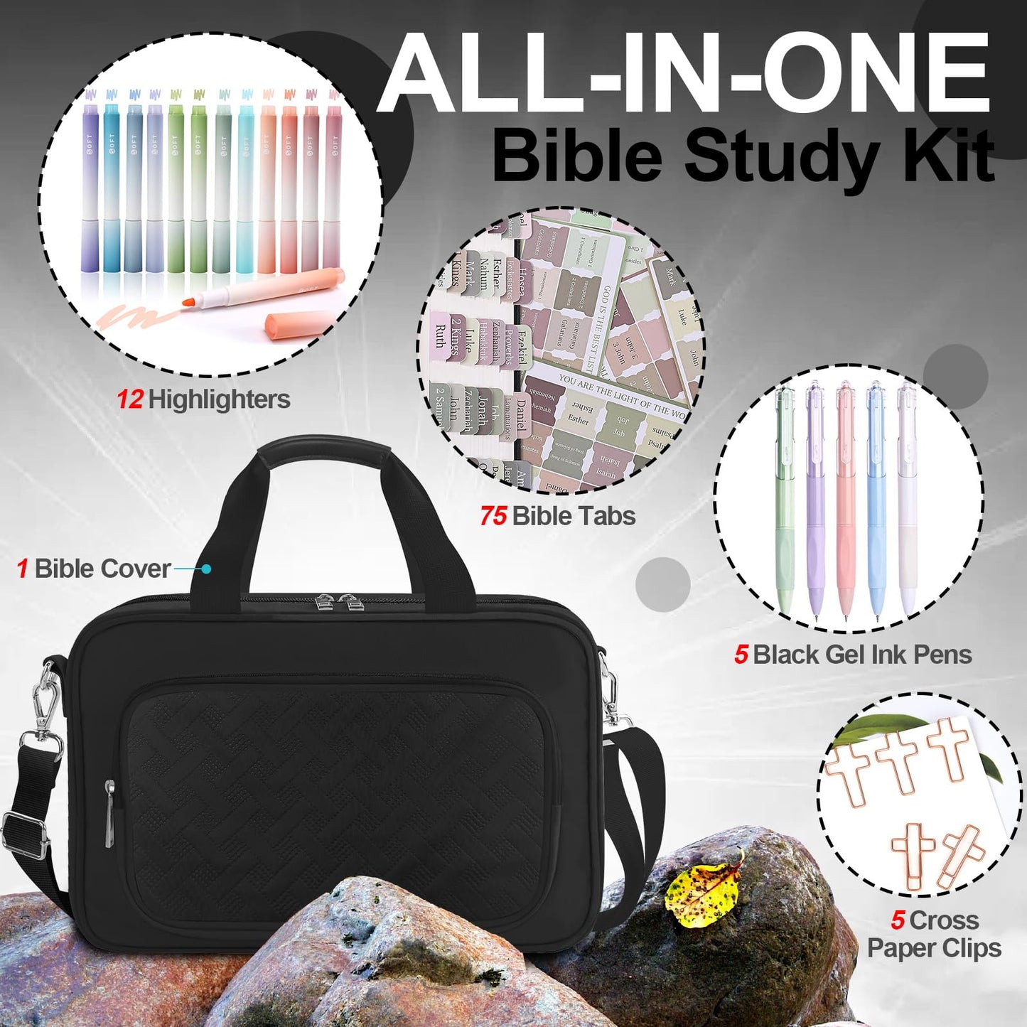 Large Bible Cover Case for Boys Mens, Book Carrying Case with Highlighters Tabs Pens, Bible Bag for Men Organizer, Bible Holder Bible Study Supplies Journaling Kit, Christian Gifts Black
