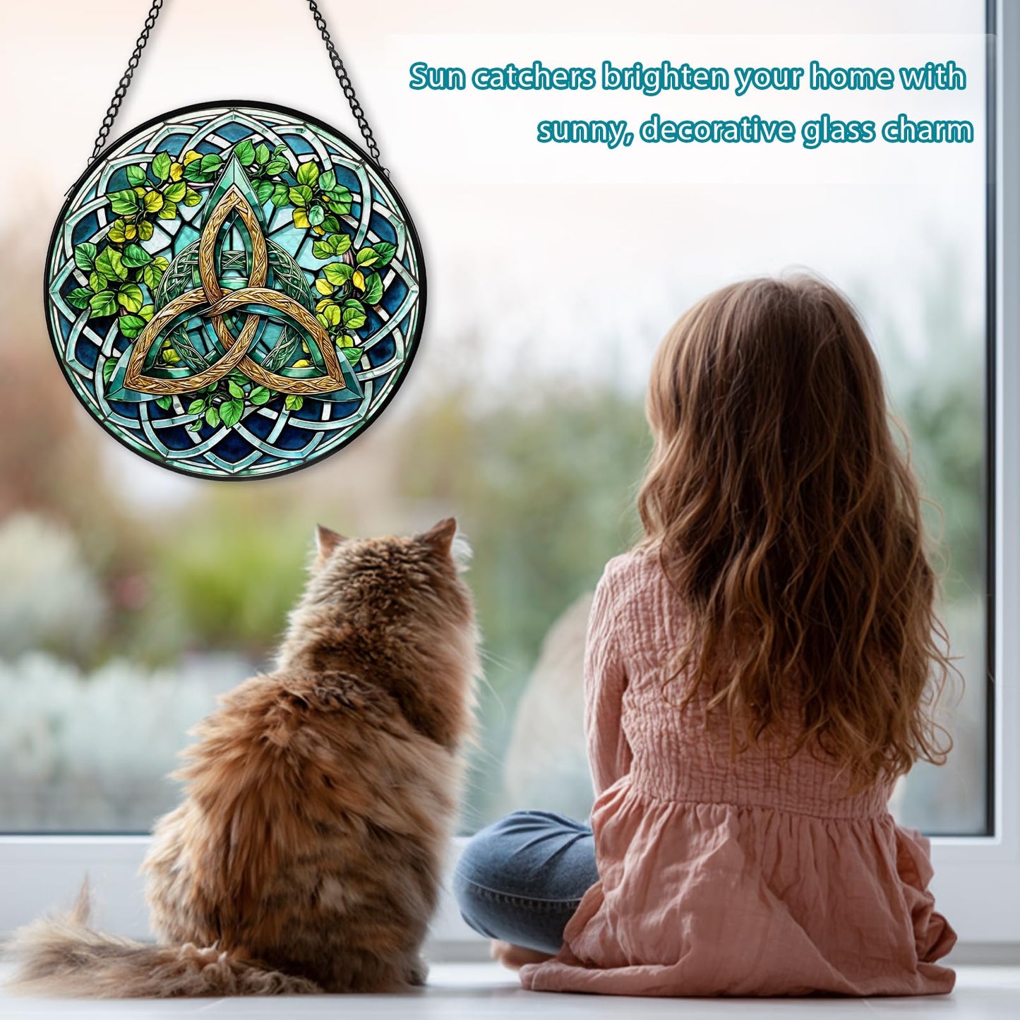 Celtic Knot Stained Glass Window Hanging, Suncatcher Diamond Glass Panel Hangings, Sun Catchers Indoor Windows Wall Art Decoration, Christmas Decor for Home Office Garden Green 7.87 inches