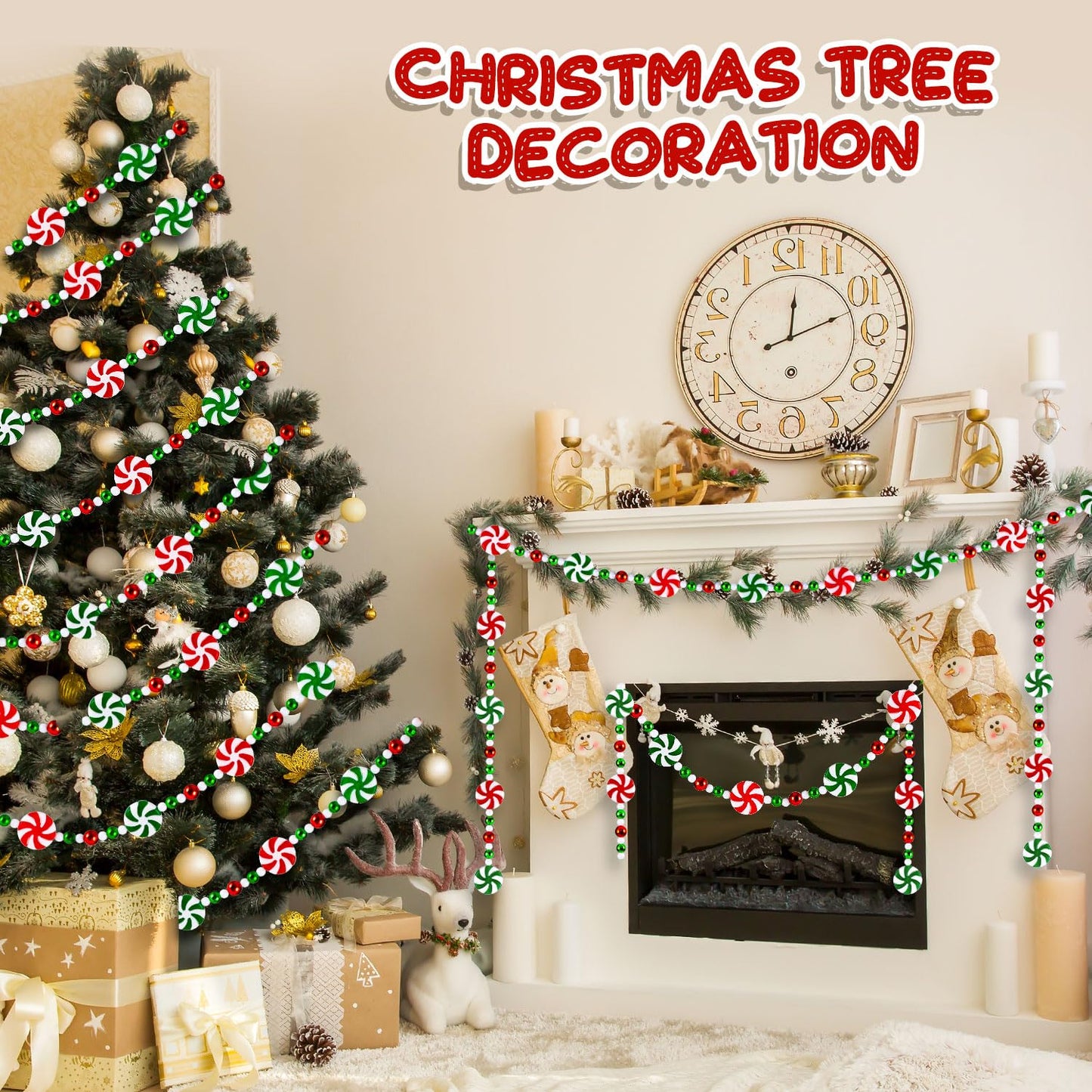 Christmas Tree Candy Garland, Christmas Decorations Hanging Peppermint Garland for Meeting Wreaths Home Fireplace Ornaments (10 Feet)