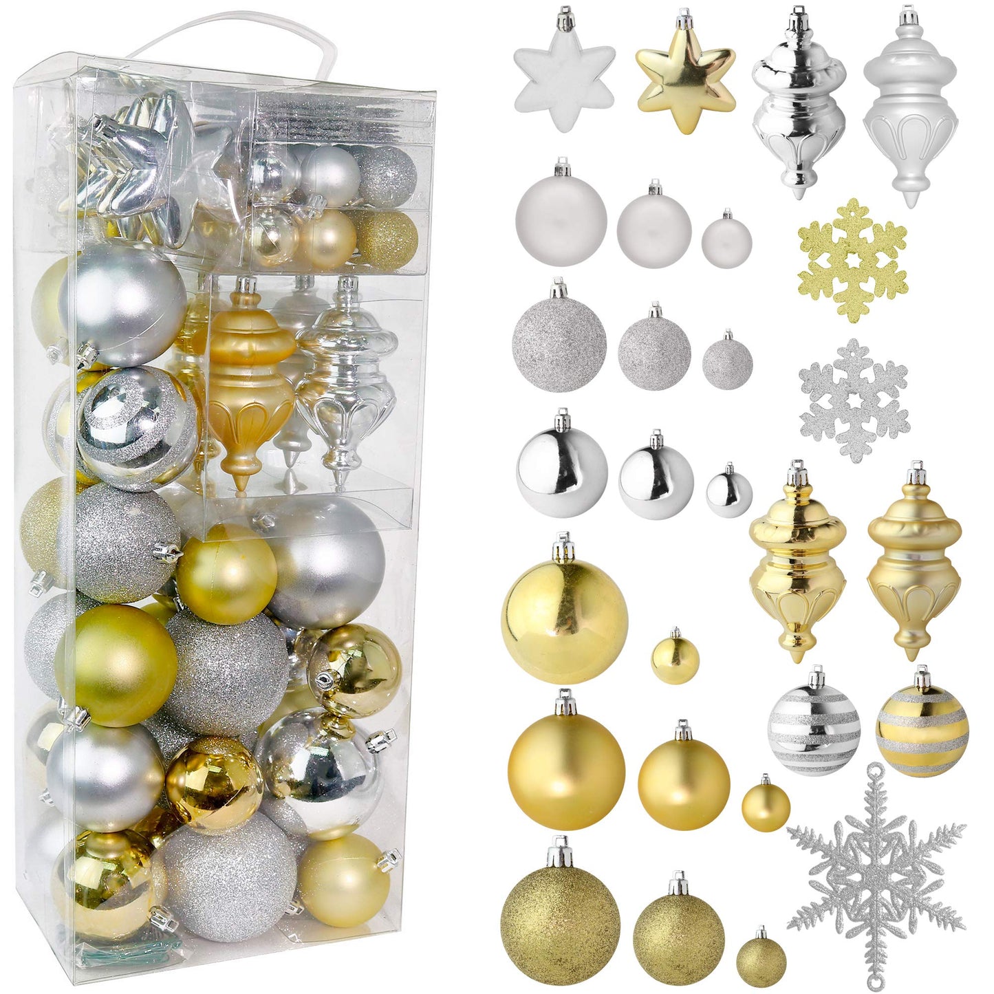 RN'D Christmas Snowflake Ball Ornaments - Christmas Hanging Snowflake and Ball Ornament Bulk Assortment Set with Hooks - 76 Xmas Ornaments and Hooks (Gold & Silver)