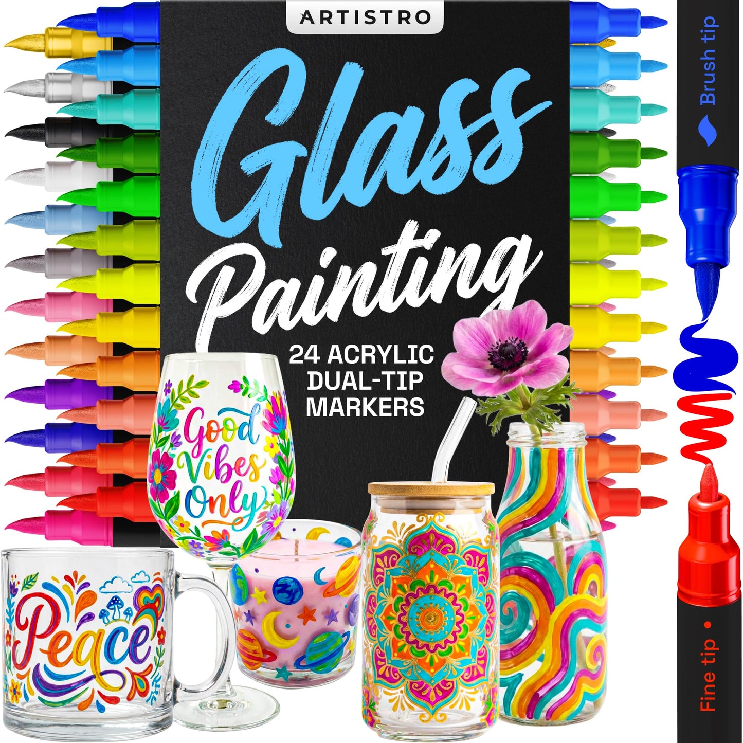 ARTISTRO 24 Glass Acrylic Paint Markers - Erasable Wine Glass Markers - Paint Pens for Windows, Mirrors, Ceramic and Mugs with Brush + Fine Dual-Tip Combo