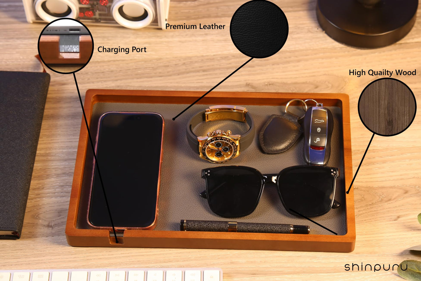 Shinpuru Wooden Valet Tray for Men, Nightstand Organizer with Leather Inlay, EDC Essentials Catchall Tray for Keys, Phone, Wallet, Watch, Earbuds - Bedside Desk Entryway Tray (Wood-Full)
