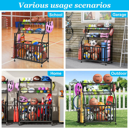 Jsskeeim Garage Sports Equipment Organizer,Sports Ball Organizer with Wheels,Mesh Pocket, Basket,Ball Organizer with Baseball Bat Rack and HooksToy Storage Rolling Cart-Black
