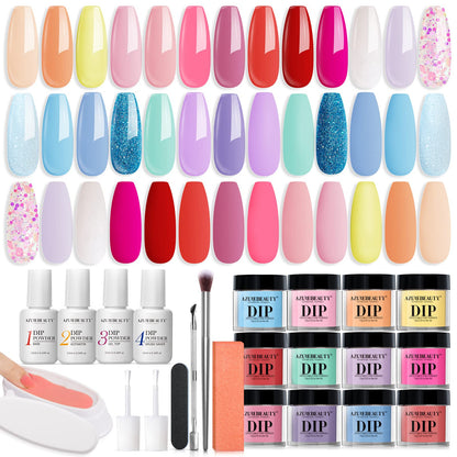 AZUREBEAUTY 31 Pcs Dip Powder Nail Kit 20 Colors Glitter Nude Brown Pink White Gray Dip Powder Liquid Set with Top/Base Coat Activator for French Nails Art Manicure DIY Salon Women Valentine's Gift