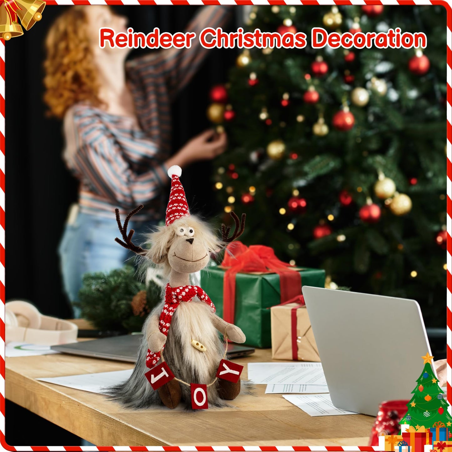 TACROART Reindeer Christmas Decoration – Plush Sitting Reindeer Figurine with Faux Fur Coat & Joy Banner, Rustic Tabletop Christmas Decor for Mantel, Shelf, or Gift Display