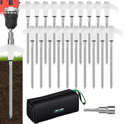 12 Pack 8" Heavy Duty Screw in Tent Stakes, Metal Camping Stakes, Drill-In Ground Anchor, Threaded Stakes for Canopies, Gardening, Yard Inflatables, with Hex Socket and Storage Bag (Luminous)