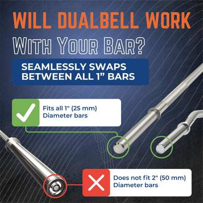 Blue DUALBELL Superset for 1” bar and black weight collars- Home gym dumbbell to barbell adapters - Connect Dumbbells to 1” standard diameter bar to replace weight plates- holds up to 100lb dumbbell