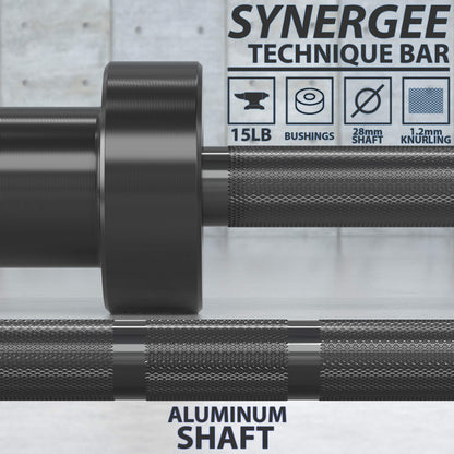 Synergee 15lb Technique Barbell Black Aluminum Bar for Form & Technique Training for Power & Olympic Lifting.