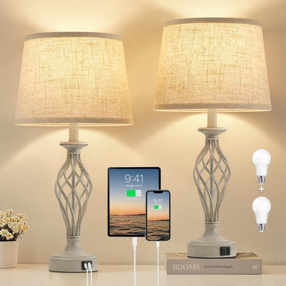 EJIAXIN Table Lamp for Bedroom Set of 2 - Light Grey Bedside Lamps with USB C+A Ports,Rustic Distressed Farmhouse Bedroom Lamp - Lamp for Living Room Reading Bed Side End Table Bulbs Included