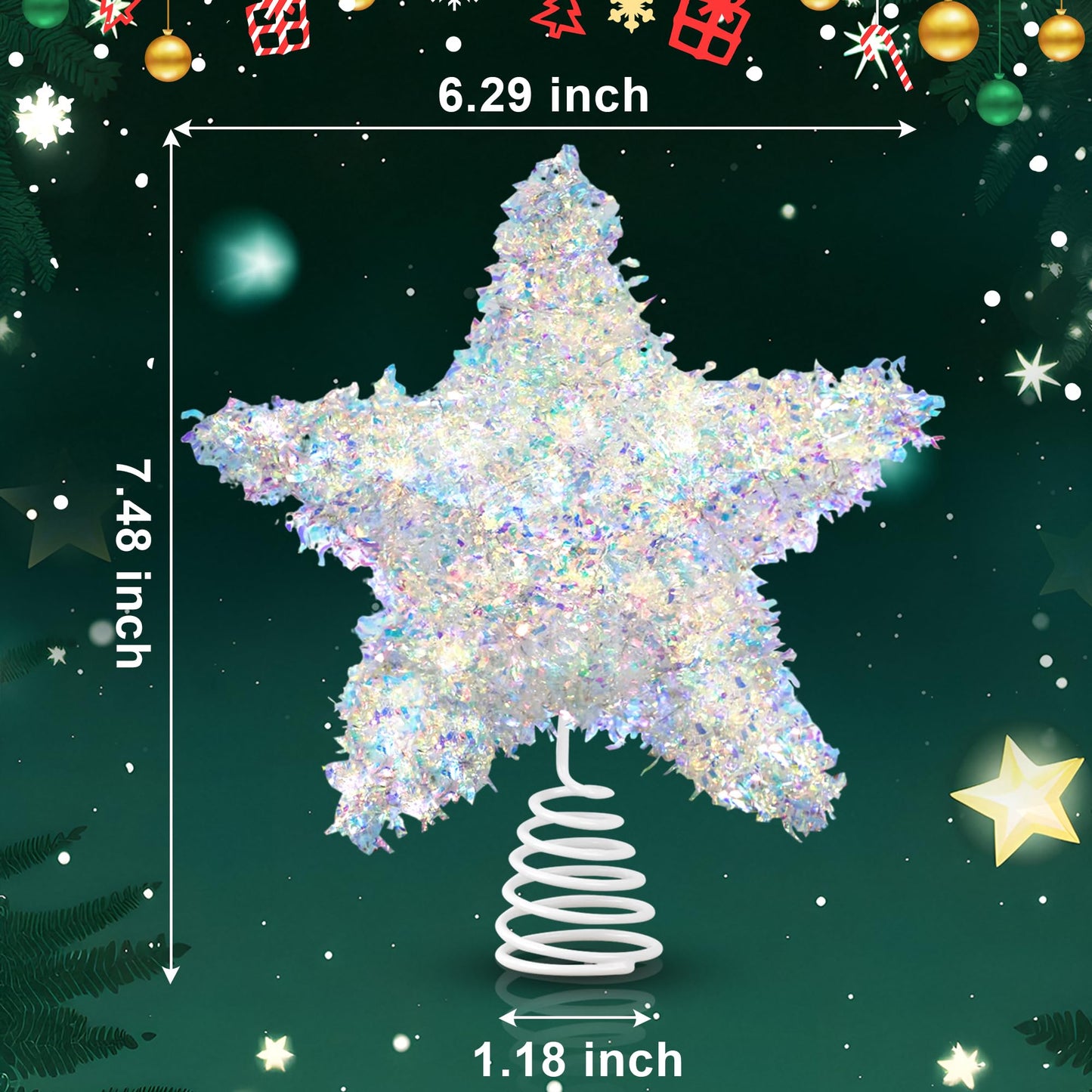 LAWOHO Christmas Tree Topper Star, Exquisite Christmas Decor, Mini Shiny Iridescent 6 Inch Christmas Tree Decoration with 6H Timer, 10 Warm Lights for Xmas Tree, Holiday & Party, Indoor Home
