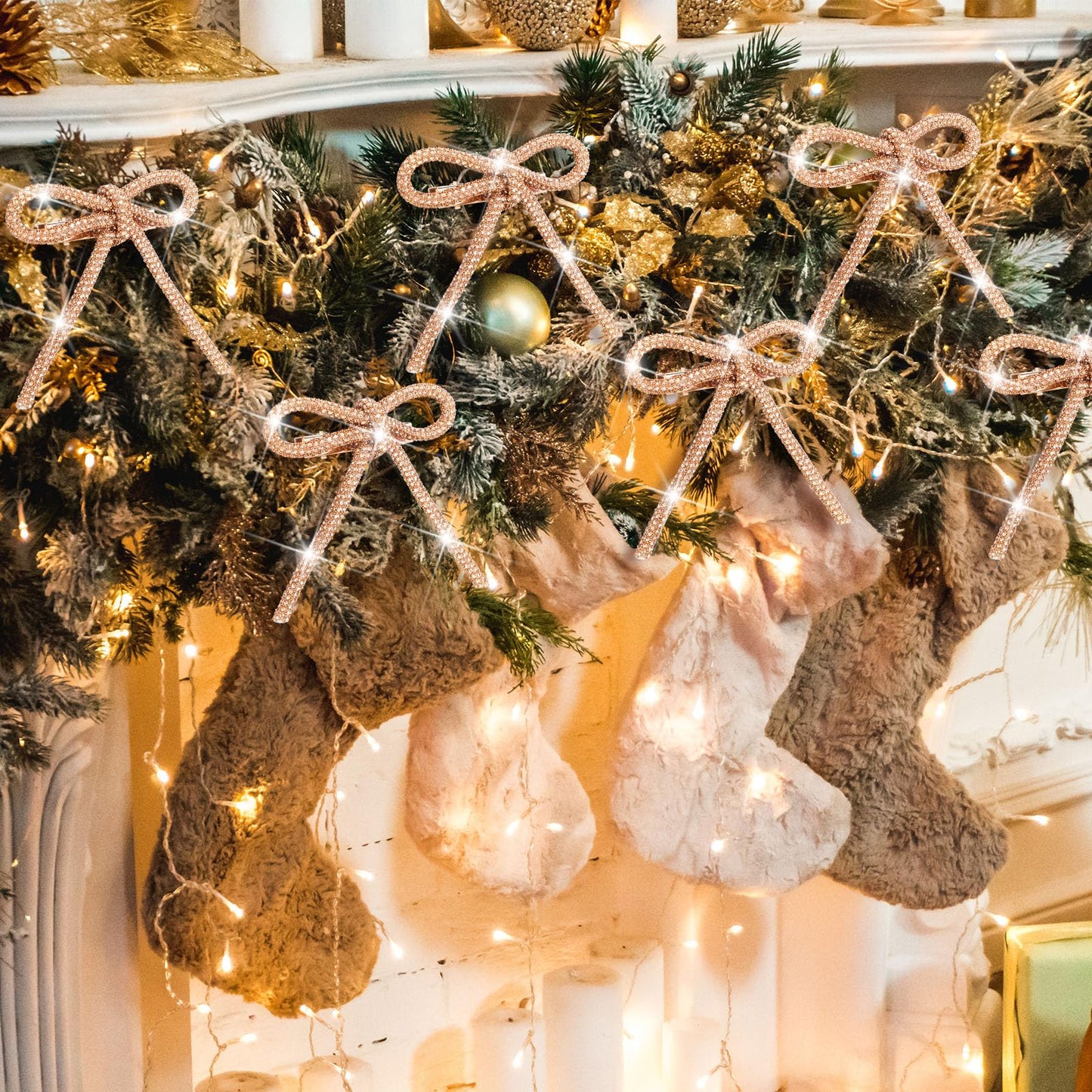 12 Pcs 3.2''x2.8'' Gold Glitter Christmas Bows Ornaments with Clip Metal Shiny Christmas Tree Decorations Bows for Wreath Garland Xmas Party Decorations Wedding Baby Shower Home Indoor Outdoor