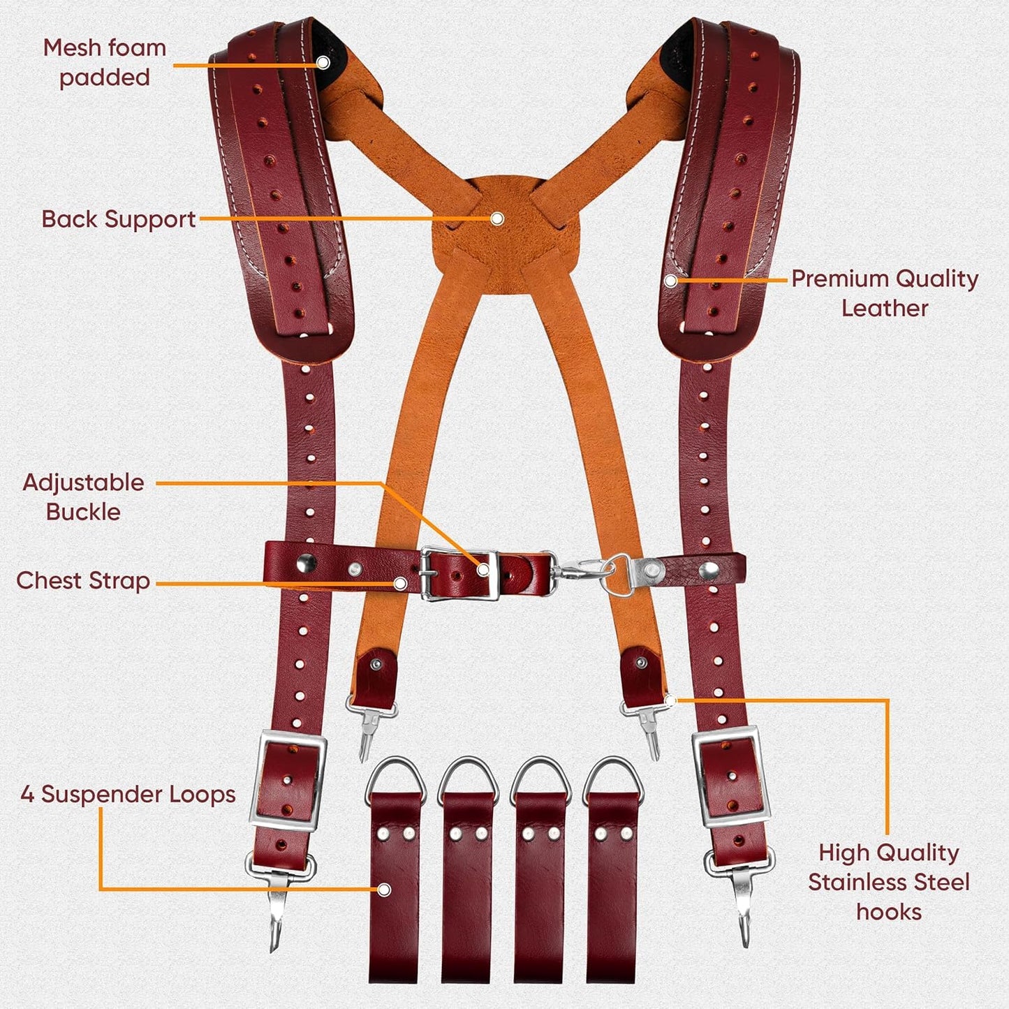 FUERI Leather Tool Belts with Suspender for Men, Heavy-Duty Durable Carpenter Tool Rig Organizer With 19 Pockets-2 Pouches, Padded Suspender, Hammer Holder, D-Loops & Foam-Padded Belt Electricians