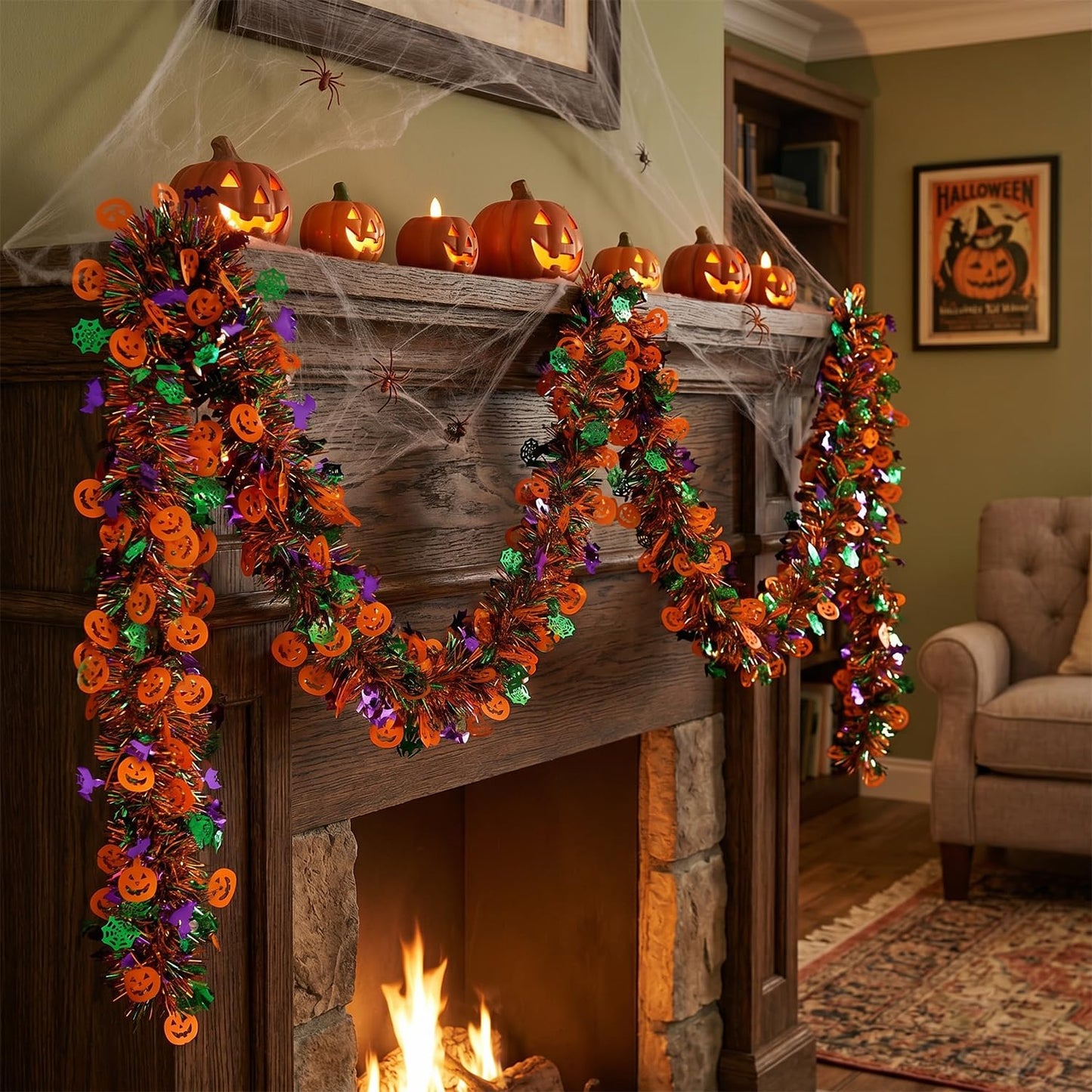 50 Ft Halloween Tinsel Garlands,Funny Pumpkin Bats Spider and Web Shiny Metallic Twist Foil Tinsel Garland Hanging Holiday Decorations for Home Indoor Outdoor Festivities Party Decor