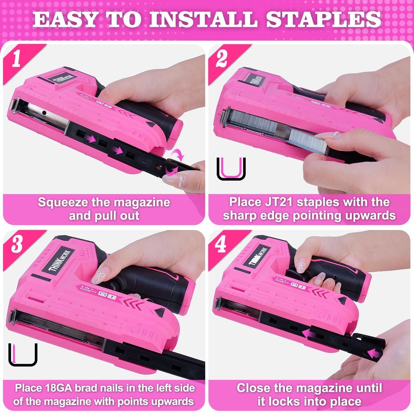 THINKWORK Pink Electric Staple Gun - 2 in 1 Nail Gun Battery Powered with 1000Pcs Staples and Nails, 4V Cordless Upholstery Staple Gun for Wood, Brad Nailer with USB Charger for Carpentry, Crafts, DIY
