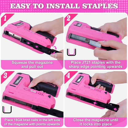 THINKWORK Pink Electric Staple Gun - 2 in 1 Nail Gun Battery Powered with 1000Pcs Staples and Nails, 4V Cordless Upholstery Staple Gun for Wood, Brad Nailer with USB Charger for Carpentry, Crafts, DIY