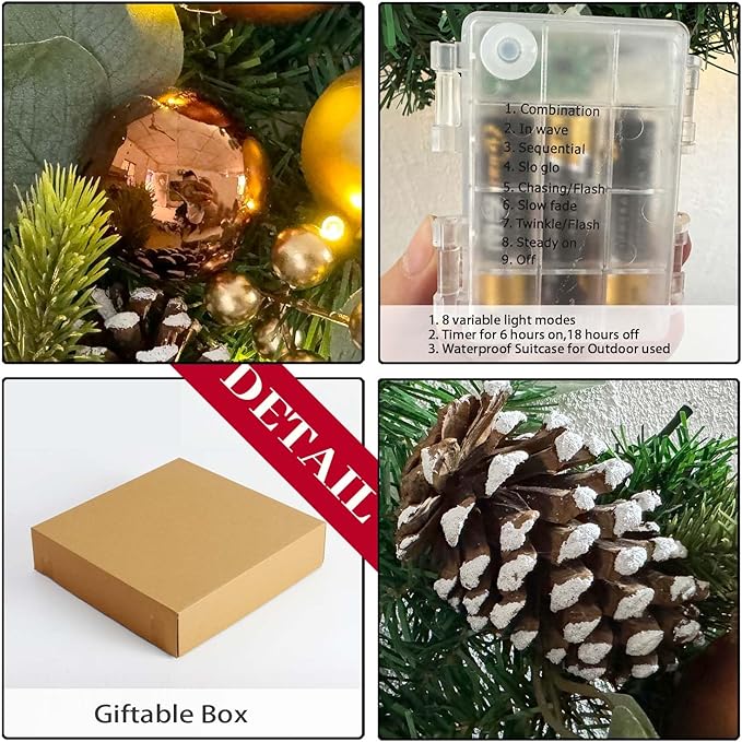 WANNA-CUL Pre-Lit 20 Inch Lighted Christmas Wreath for Front Door Decoration with Copper Gold Christmas Ball Ornaments,Battery Operated 30 LED Lights