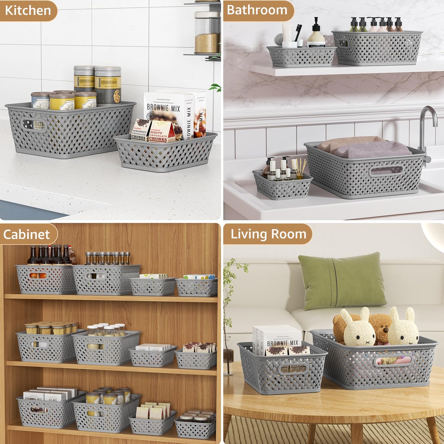 MaxGear 3 Pack Plastic Storage Baskets, Large, Grey