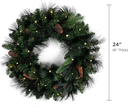 Papyrus 24" Pre-Lit Carolina Pine Artificial Wreath, Pine Cones, Warm White Light, Battery Powered, Indoor/Outdoor