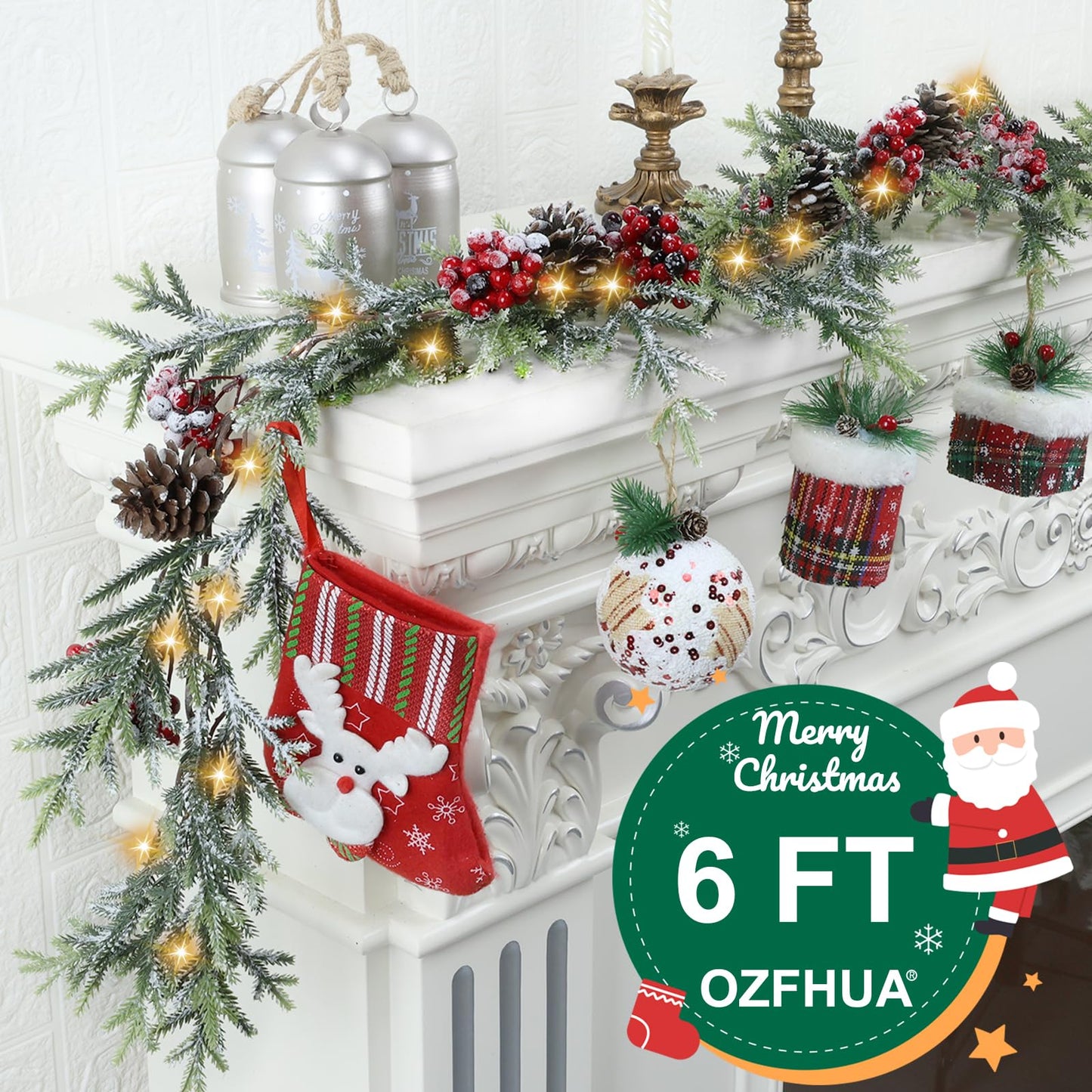 OZFHUA 6 FT Christmas Garland with Lights - Pre-Lit Artificial Christmas Garland, Flocked Garland with Red Berries Pine Cones for Decoration, Mantle Stairs Railing Home Xmas Decoration Indoor