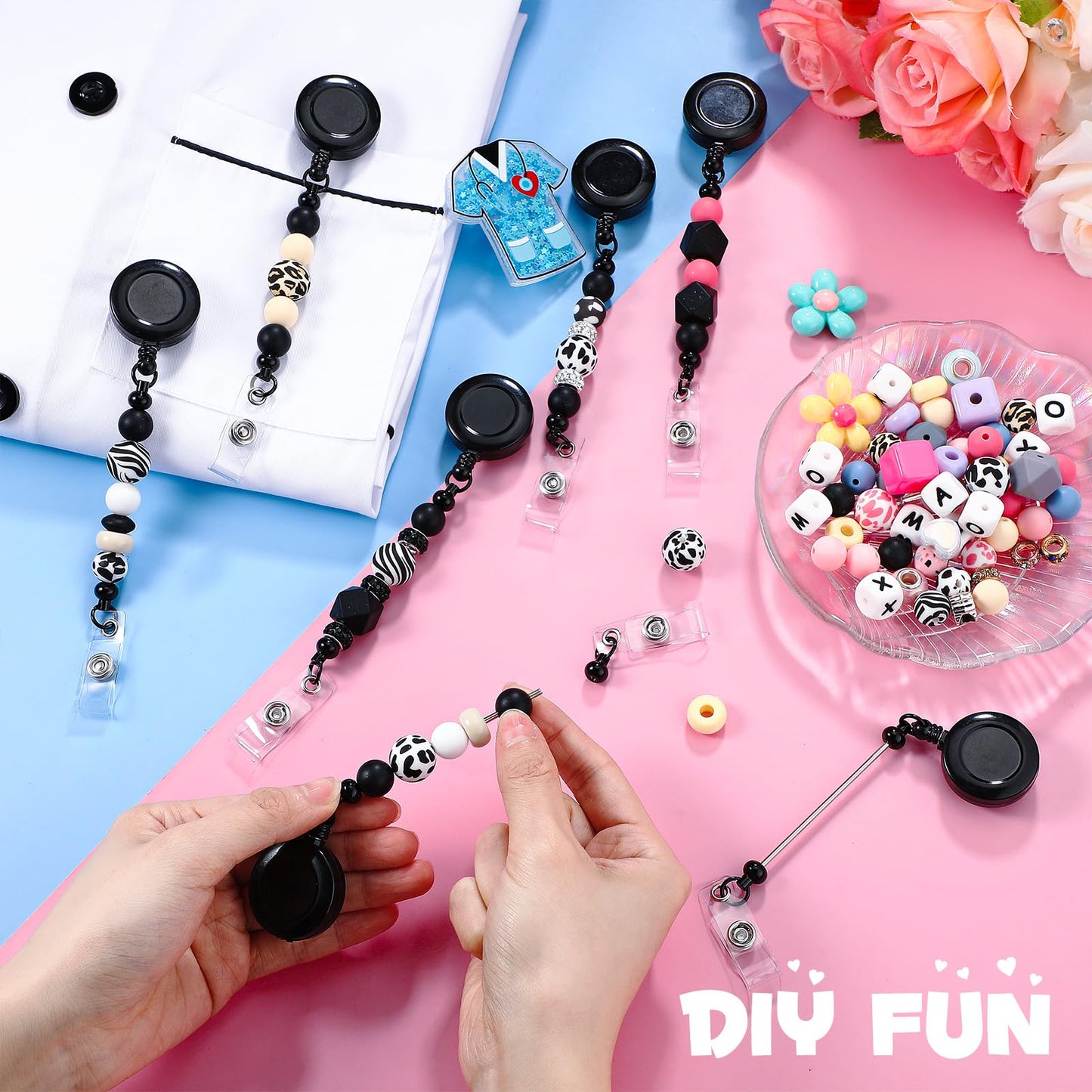 Sayglossy 24 Pcs Beadable Badge Reel Retractable Clips Holder for Beads Bulk Blank Bar ID Name Badge Reels with Belt Clip Beadable Jewelry DIY Gift for Nurse Teacher Office Supplies (Black)