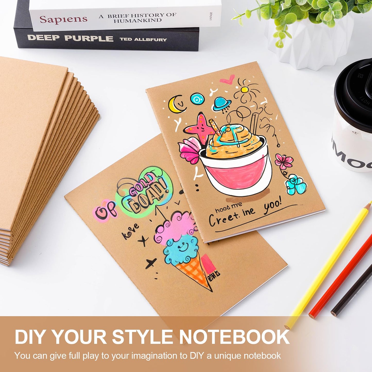 YGPHO 30PCS A5 Blank Kraft Notebooks Bulk, 8.3x5.5inch Unlined Paper Composition Notebook, 60 Pages Travel Journal Notebook Set for Work, School, Student,Kids and Writing