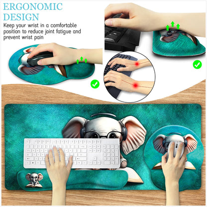 LIMKRIAN Desk Mat Pad, Large Gaming Mouse Pad with Wrist Rest Wrist Support, Ergonomic Mouse Pad Keyboard Mat Wrist Rest, Cup Coaster, Home Office Desk Accessories Decor Supplies, Cute Elephant
