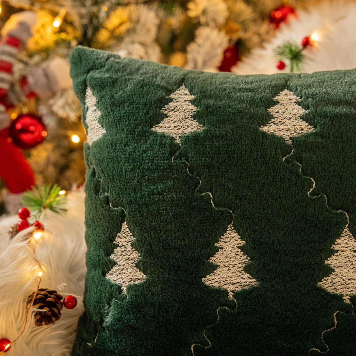 AQOTHES Christmas Tree Embroidered Green Throw Pillows Cover 18x18 Inch, Set of 2 Packs Winter Soft Fluffy Decorative Throw Pillows Covers Decor for Home Sofa Couch Bed Room