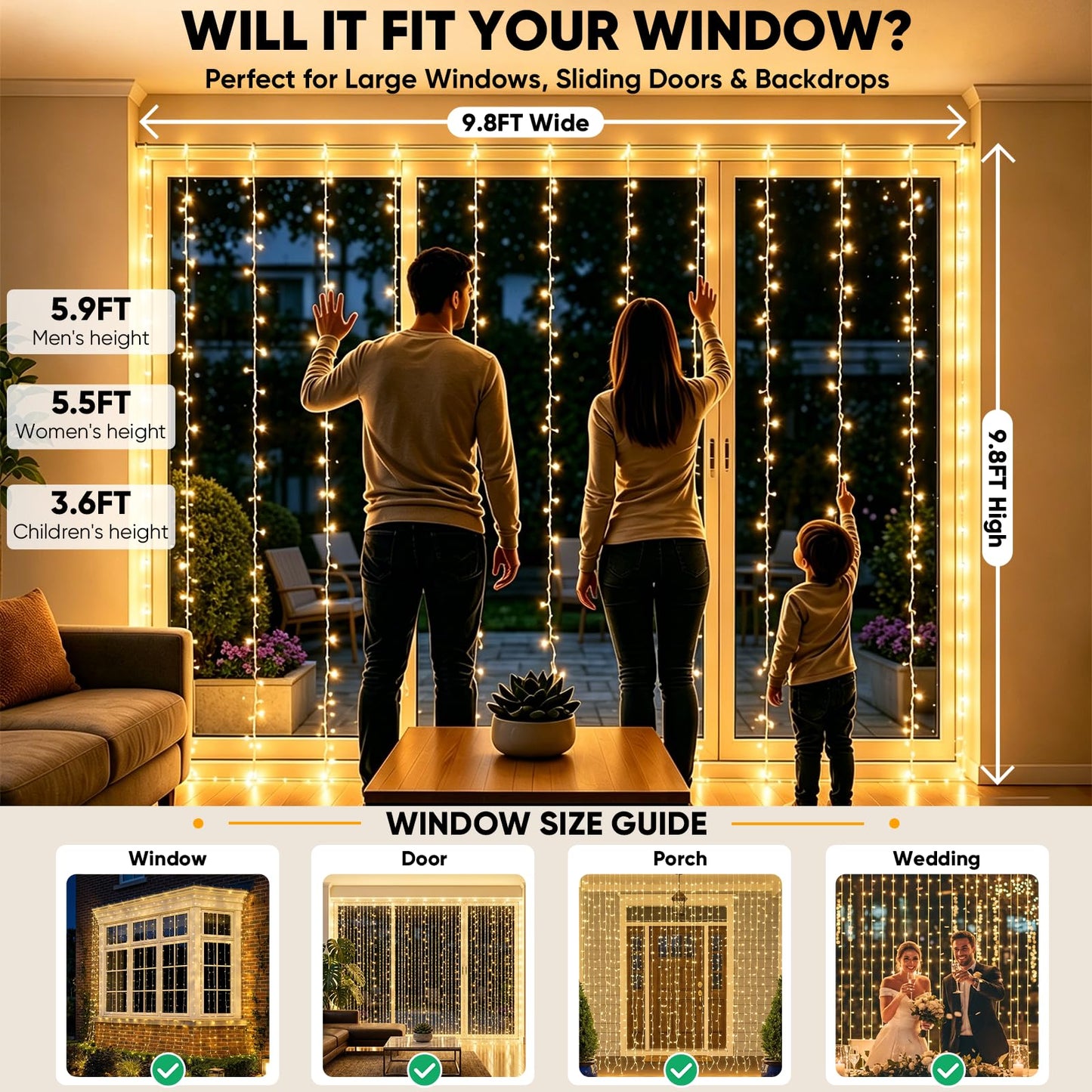 suddus Curtain Lights for Bedroom, 300 Led 9.8x9.8ft Curtain Lights for Backdrop, Curtain String Lights for Christmas, Dorm, Wall, Backdrop, Window, Wedding, Party, Birthday, Warm White（Plug in）