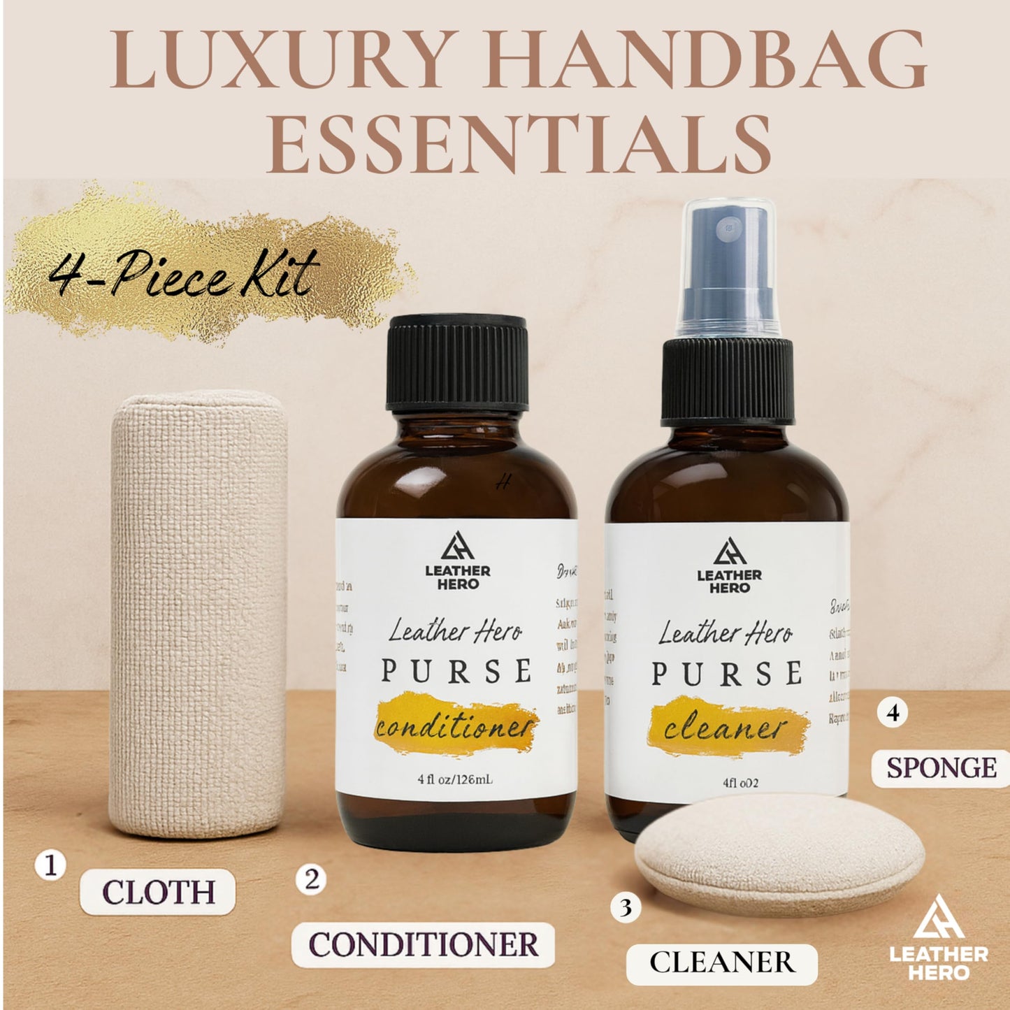 Leather Purse Cleaner & Conditioner Kit – 4pc Set with 4oz Cleaner, 4oz Conditioner, Microfiber Cloth & Applicator Sponge – Leather Bag & Handbag Care for Luxury Purses & Designer Bags