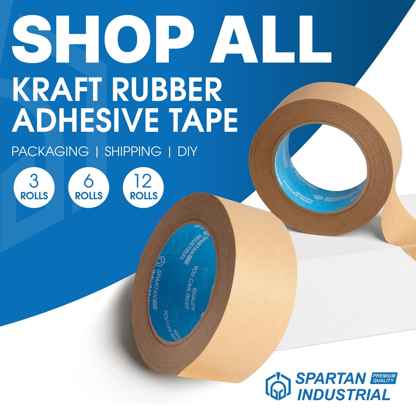 Spartan Industrial - 2" X 60 yd Kraft Paper Tape with Rubber Adhesive - 6 Rolls of Brown Box Tape for Shipping and Moving - 7 Mil