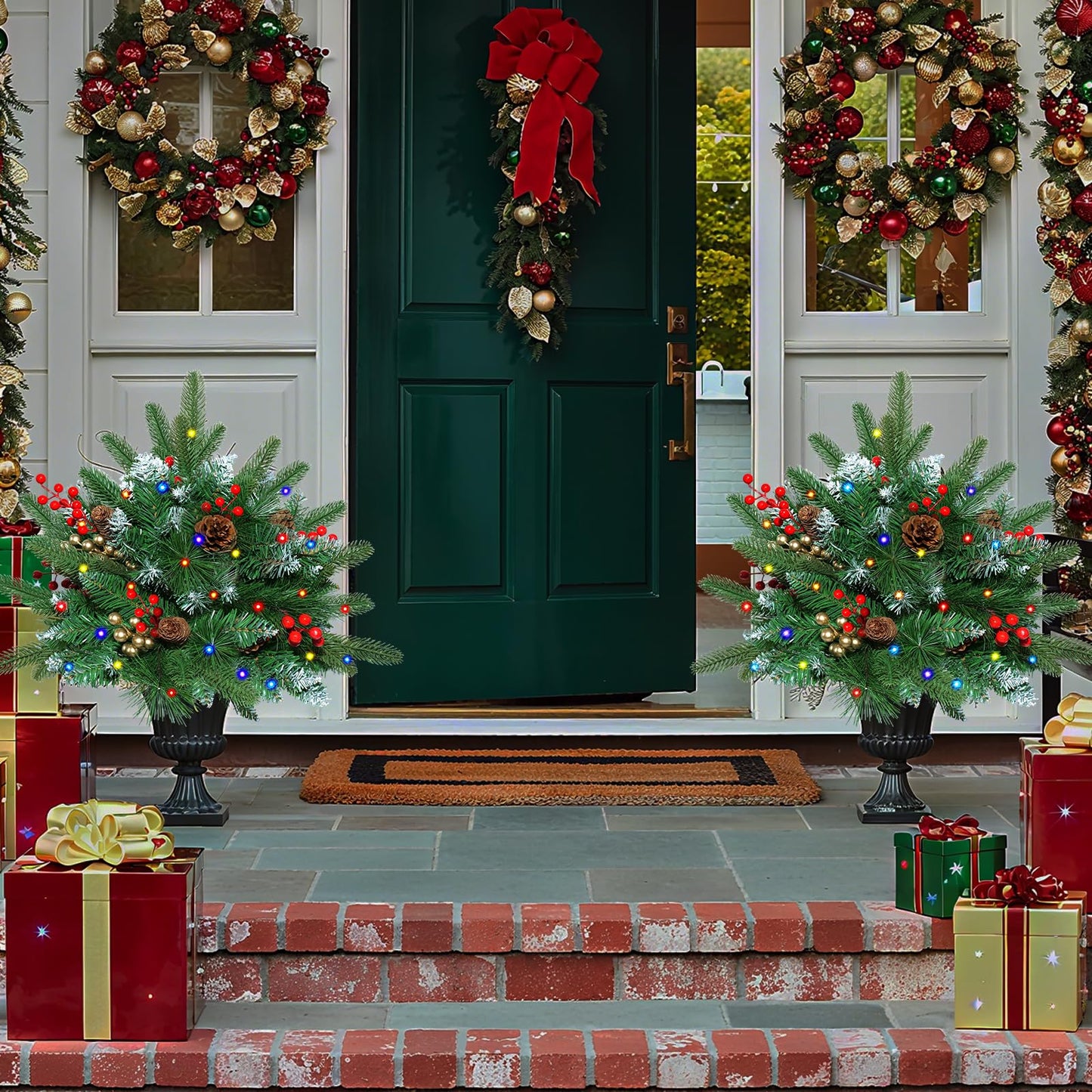 Set of 2 23.6 Inch Lighted Outdoor Christmas Tree Christmas Planter Filler with Remote, 8 Modes, Battery Operated Urn Filler Porch Decorations with Pine Cones, Red Berries for Pathway Yard Home Decor