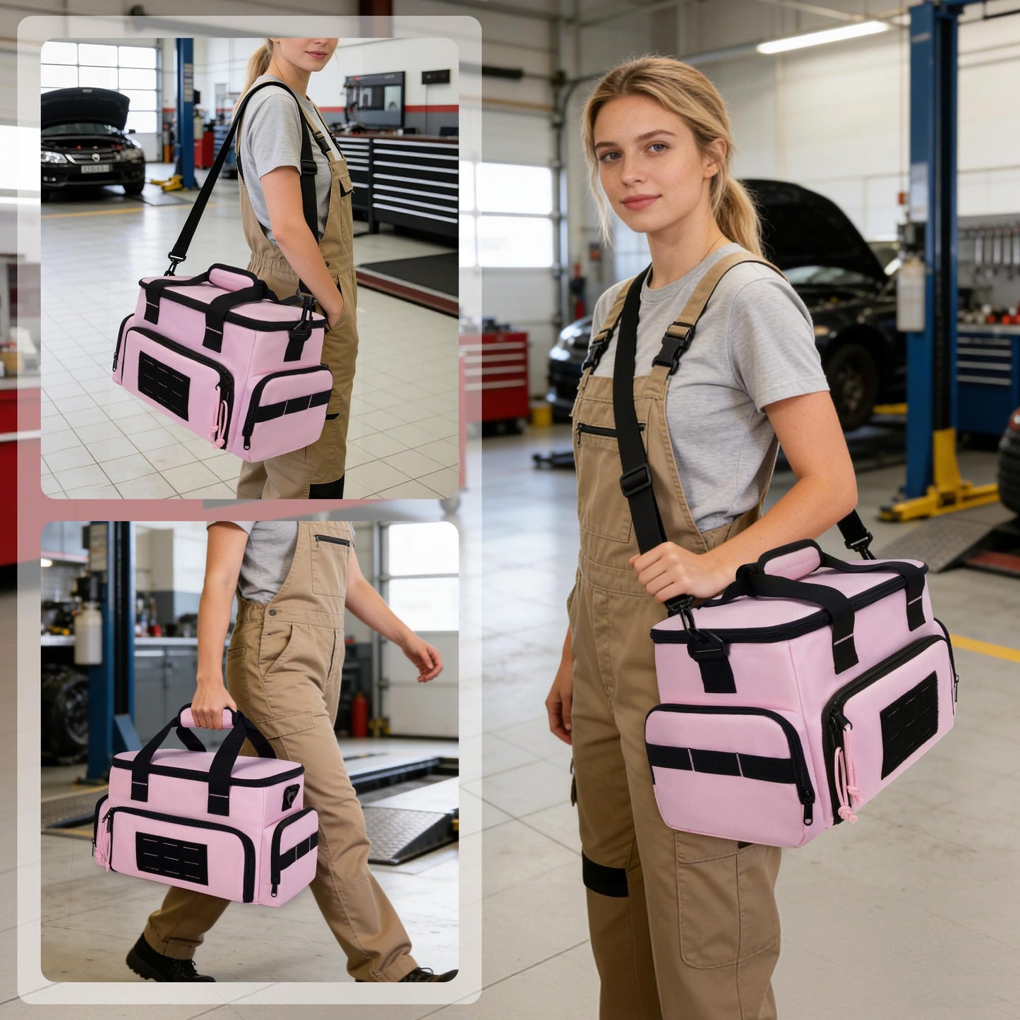 Trahzia Pink Tool Bag for Women with 2 Clear Pouches, 12-inch Tool Storage Organizer, Double Layer Tool Box for Electrician, Carpenters, Repairman, Pink