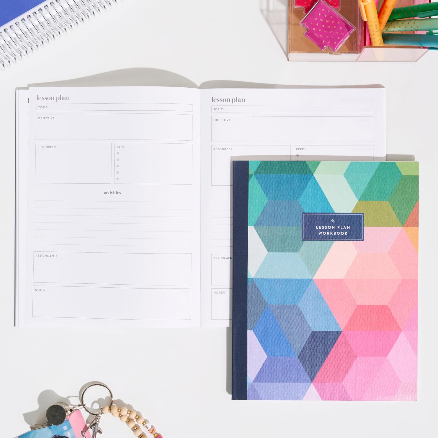 Erin Condren Teacher Workbook, Teacher Planner Companion, Lesson Planning Notebook, Layflat and Lightweight Japanese-Style Notebook, Stylish Hexagon Linen Texture Covers