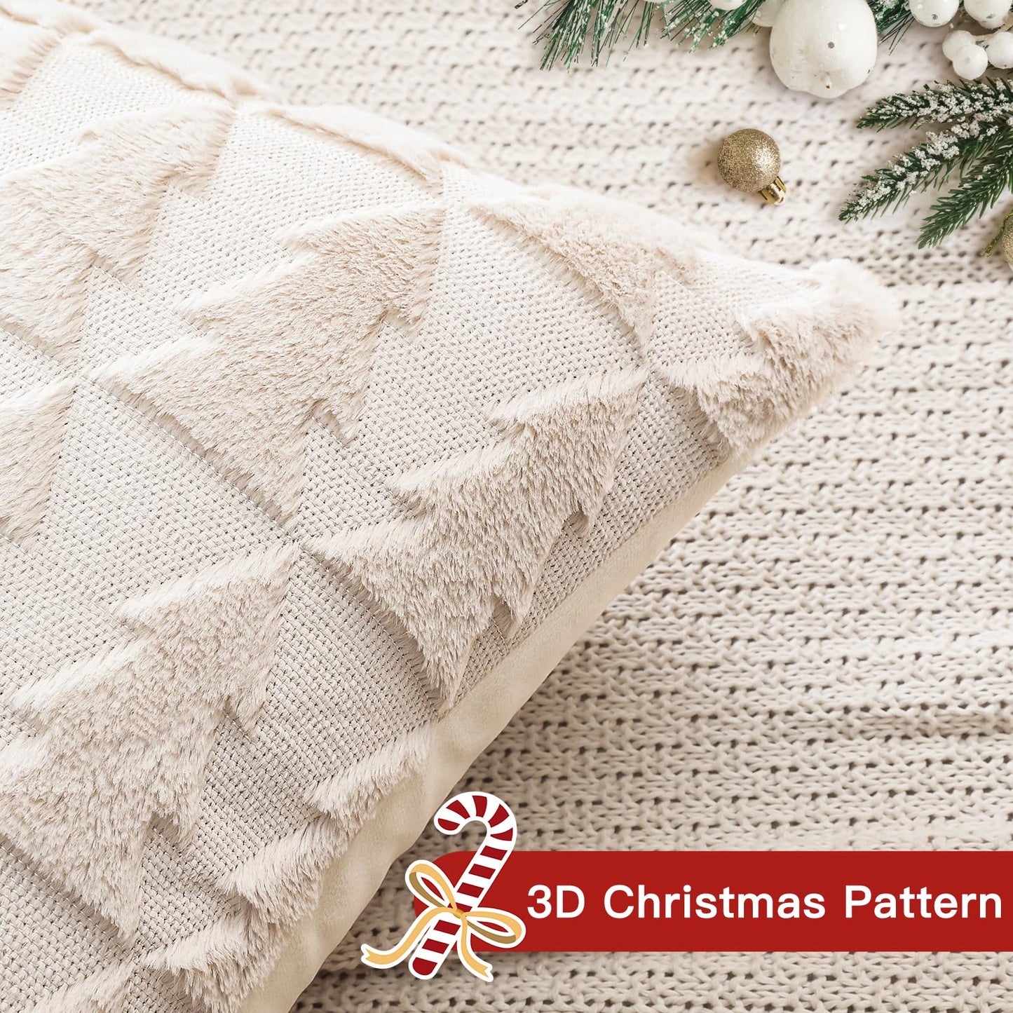 OTOSTAR Set of 1 Xmas Soft Plush Short Wool Velvet Decorative Throw Pillow Covers Square Luxury Style Cushion Case Pillow Shell for Sofa Bedroom Christmas Tree Cream Beige, 22x22 Inch