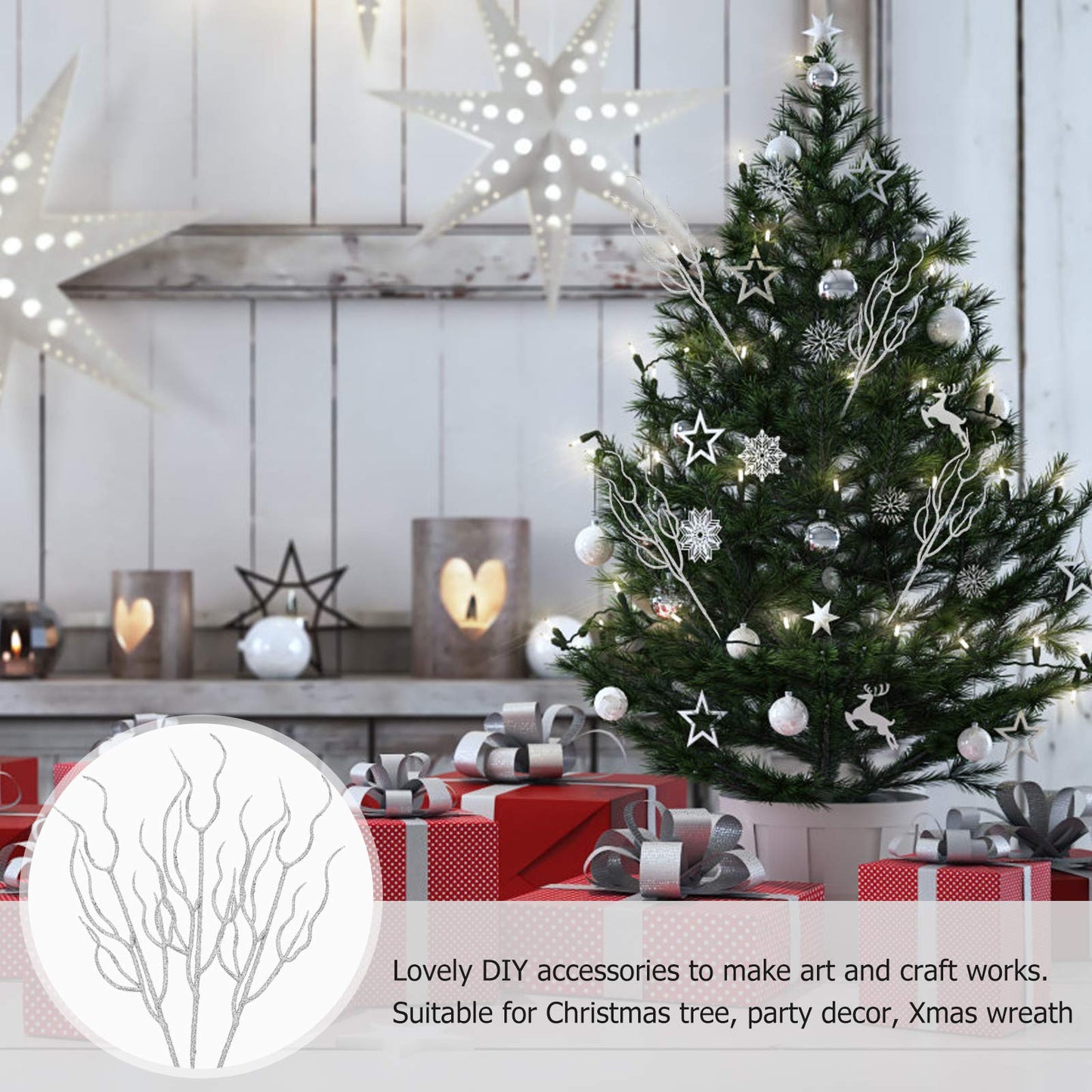 Ipetboom Glitter Christmas Leaves Picks - 10pcs Curly Tall Tree Filler Branches for Xmas Wreath Wedding Table Centerpiece Decorations - Christmas Tree Poinsettia Flower Stems Branches Picks (Silver)