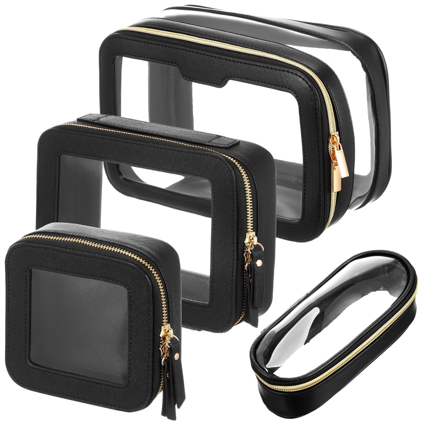 4 Pcs Leather Clear Makeup Bags Set for Women Travel Clear Cosmetic Case Toiletry Bags with Zipper Makeup Brush Case Waterproof Organizer Storage for Women Men Travel Accessories, 4 Sizes(Black)