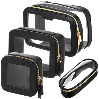 4 Pcs Leather Clear Makeup Bags Set for Women Travel Clear Cosmetic Case Toiletry Bags with Zipper Makeup Brush Case Waterproof Organizer Storage for Women Men Travel Accessories, 4 Sizes(Black)