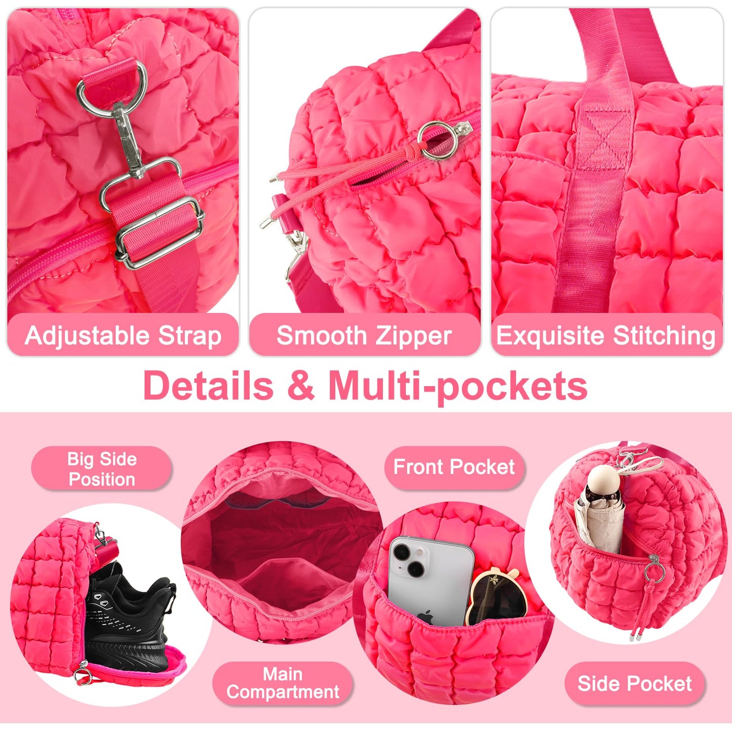 Quilted Travel Duffle Bag Gym Bag for Women,Large Puffer Duffle Weekender Bag with Compartment,Workout Overnight Carry on Organizer Bag Duffle Bag for Airplane Travel(Rosered)