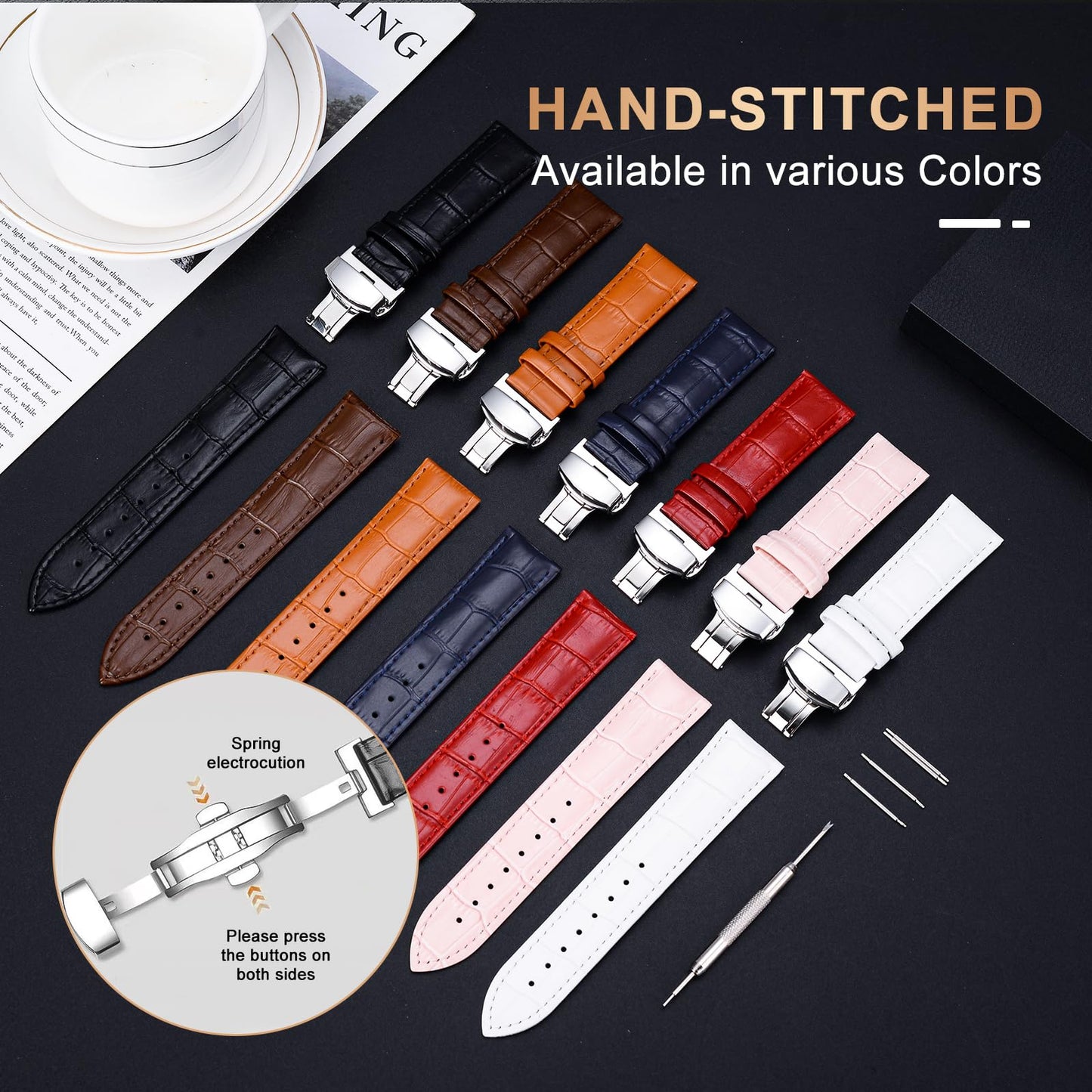 EREBUSE Genuine Leather Watch Strap 18mm 20mm 22mm, Classic Replacement Watch Band for Men Women, Soft Padded Cowhide with Silver Butterfly Deployment Clasp