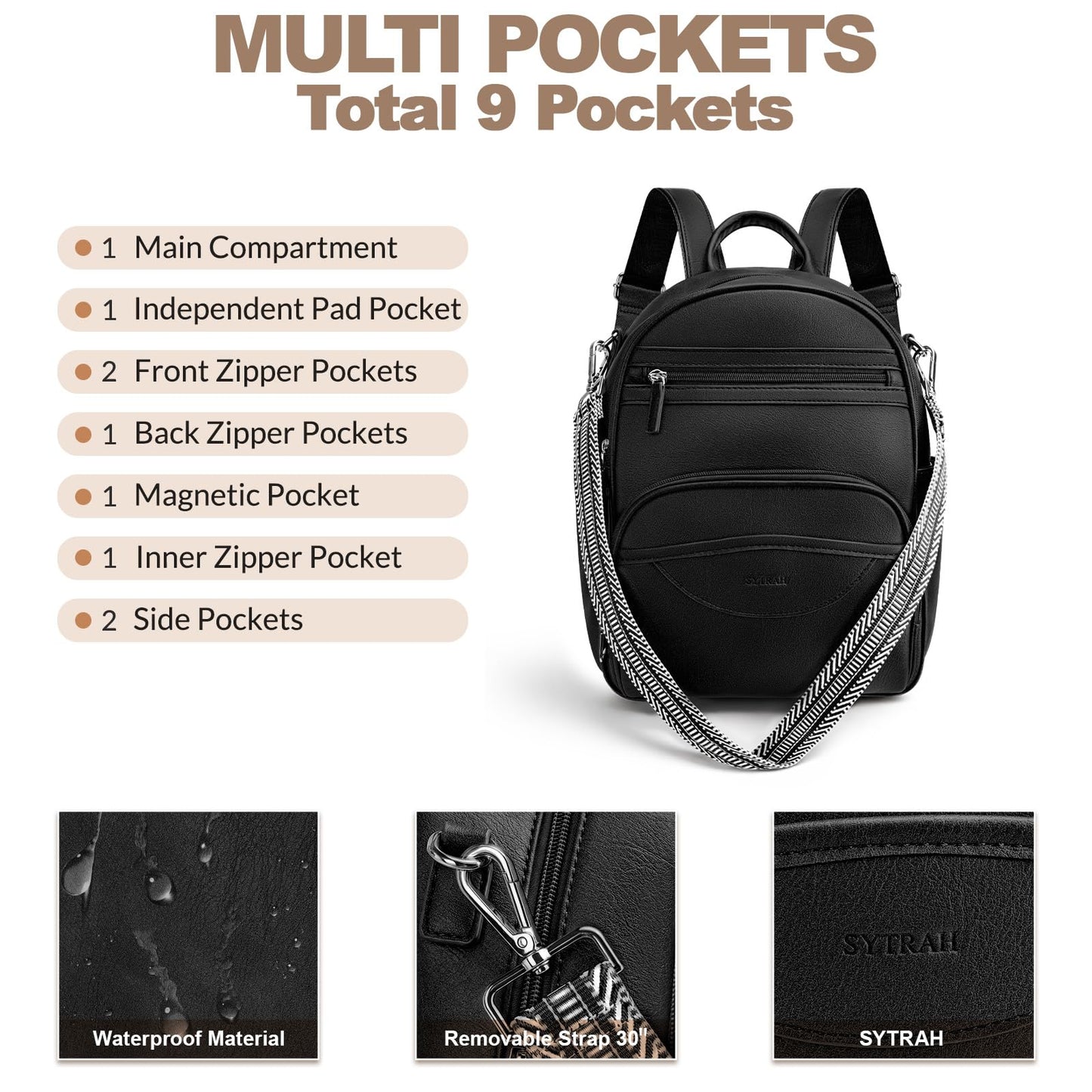 SYTRAH Small Backpack Purse for Women, Mini Backpack Vegan Leather with RFID Blocking & Tablet Pocket, Cute Shoulder Handbag for Travel, School & Work Black