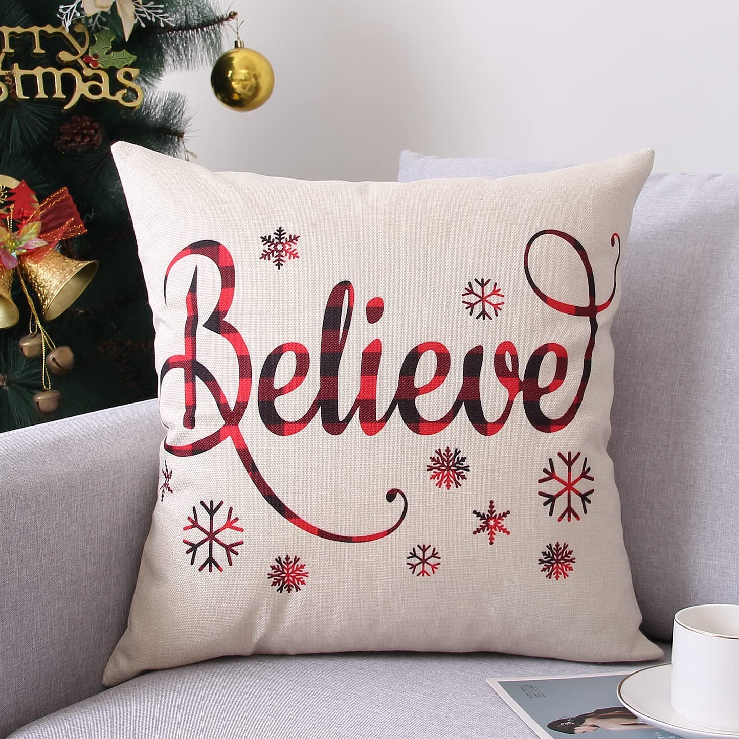 Coeufuedy Christmas Pillow Covers 18x18 Set of 4 Farmhouse Pillow Covers Holiday Rustic Linen Pillow Case Christmas Decor Pillowcase for Sofa Couch Bed and Car