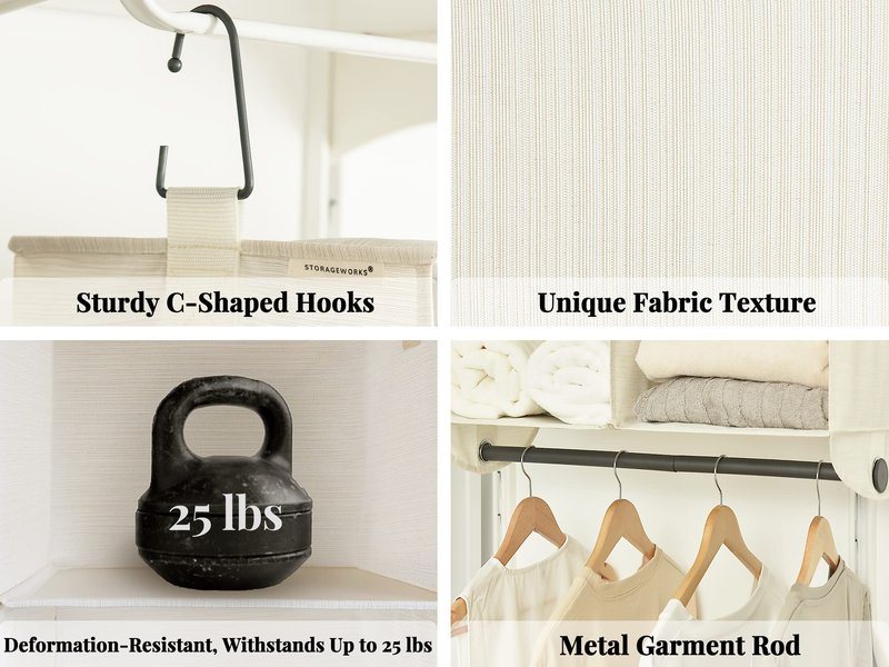 StorageWorks Hanging Closet Organizer with Metal Rod, 4-Section Closet Organizers and Storage, Collapsible Hanging Shelves for Baby Clothes, Shoes, Sweater Storage, Ivory and White