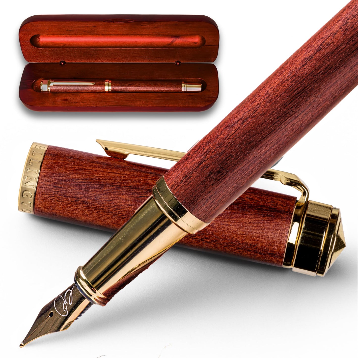 Ellington Pens Luxury Wood Fountain Pen Set – Fine Nib - Includes 6 Ink Cartridges, Wooden Pen Gift Box, Ink Converter - Wood Pen For Writing, Calligraphy, Journaling, Drawing (Rosewood Radiance)