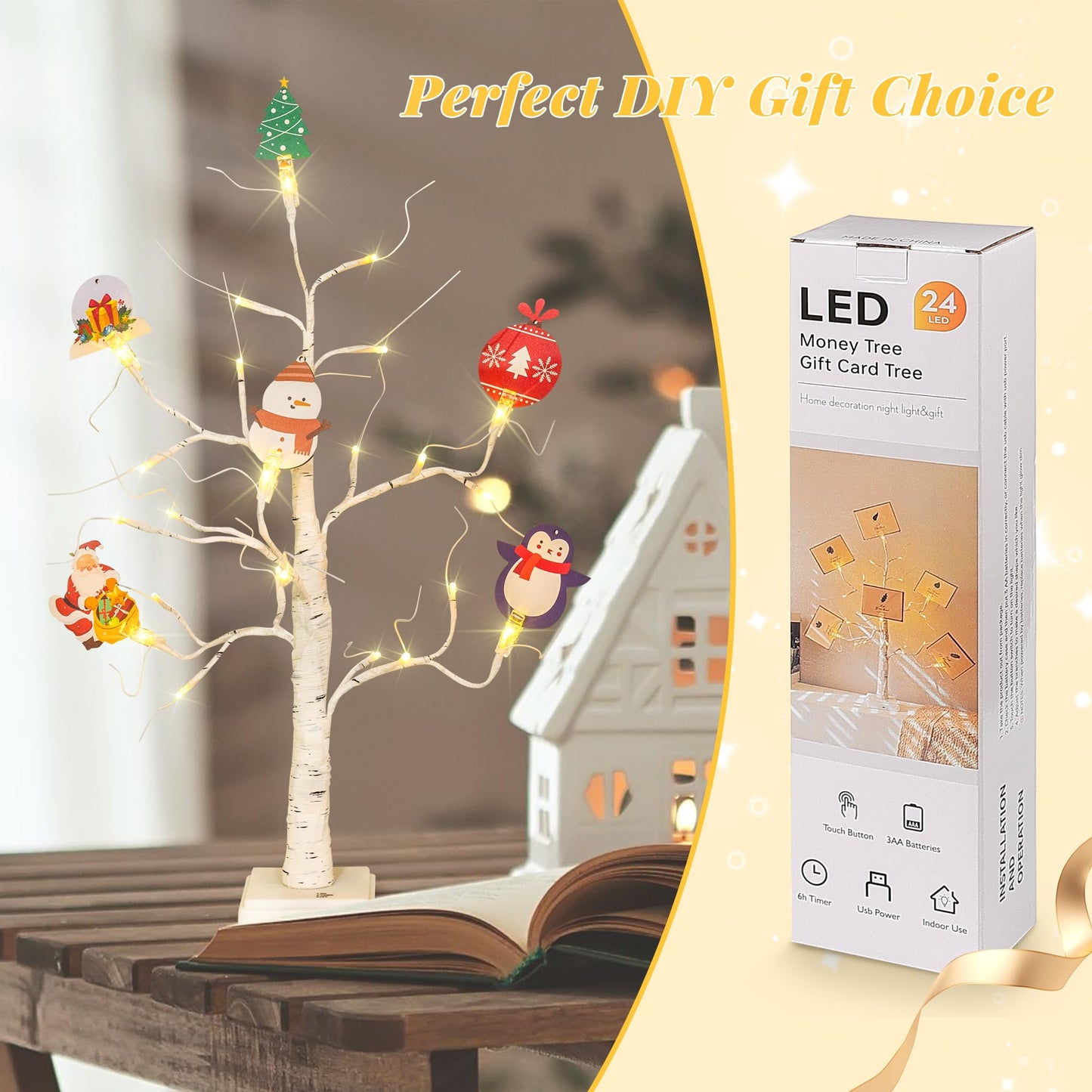 Money Tree Gift Card Holder 24 LED Birch Tree Lamp Battery/USB Powered Light Up White Trees Gift Card Holder with 6 Clips and 6 Greeting Cards for Photo Birthday Christmas Graduation Decor