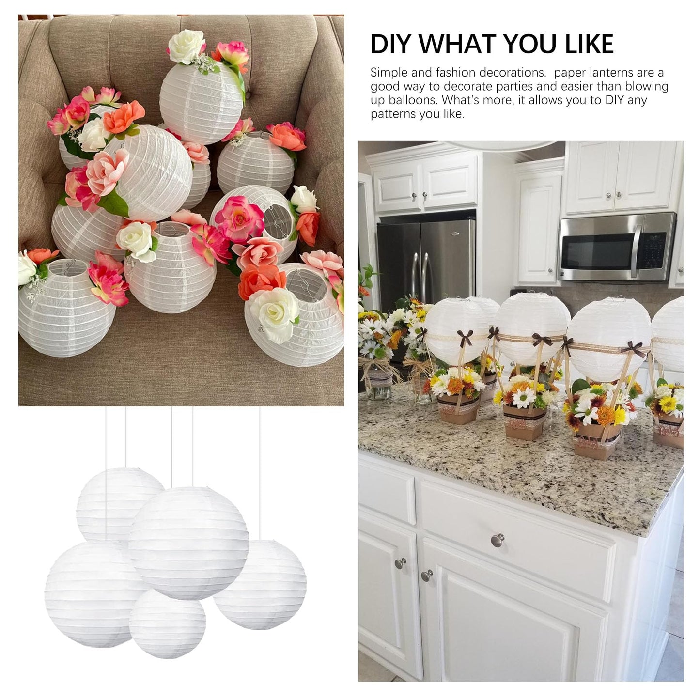 20Pcs White Paper Lanterns for Parties, 6” 8” 10” 12” Chinese Asian Hanging Round Paper Lanterns for Birthday Wedding Halloween Christmas Home Decor Party Decor