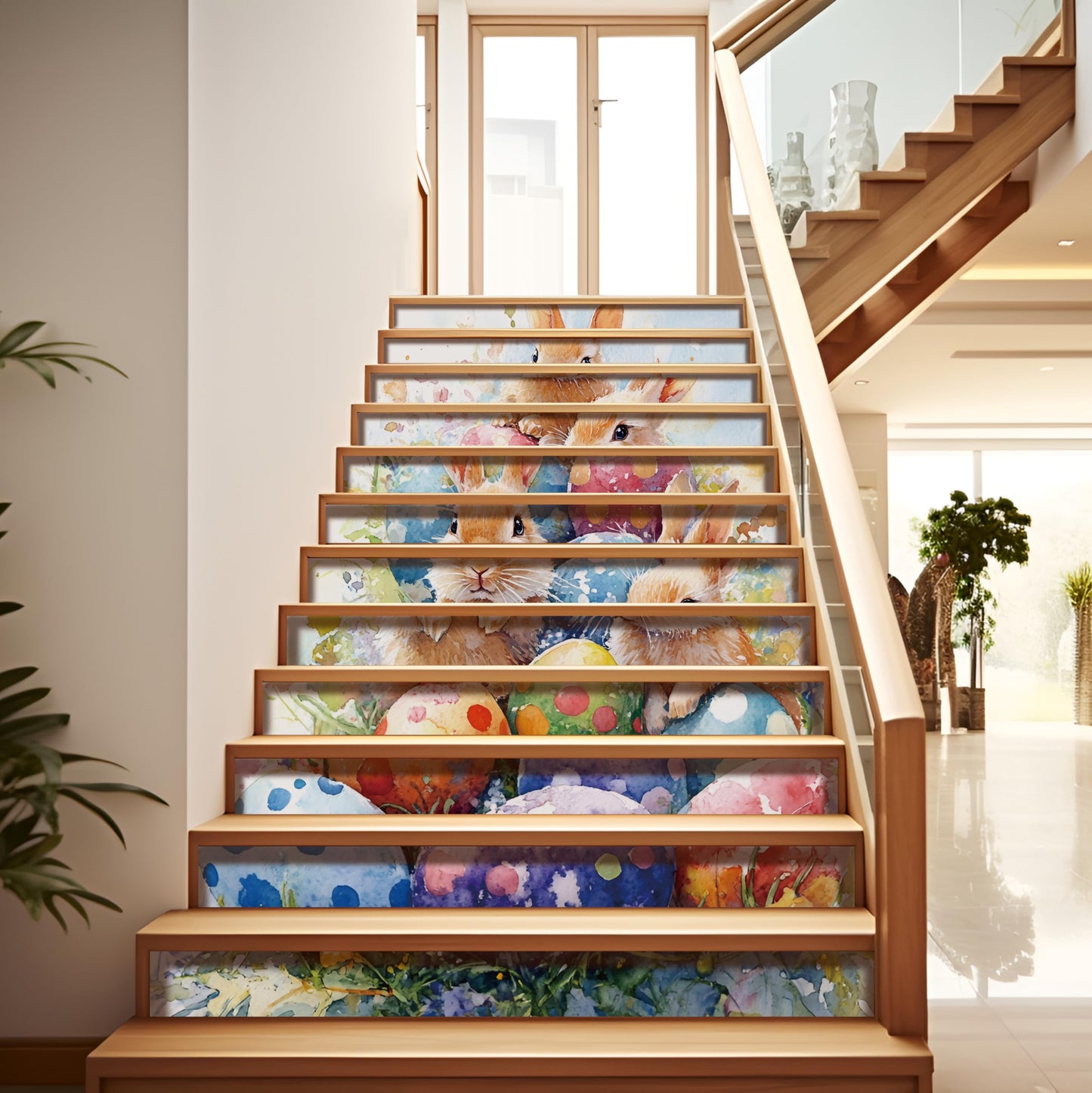 AMAZING WALL Peel and Stick Removable Watercolor Bunny Rabbits Colorful Eggs Risers Stairs Self Adhesive Wall Sticker Set 12 PCS