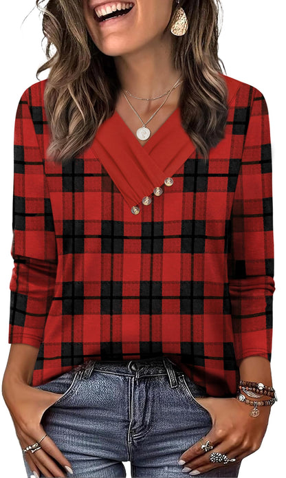 WIHOLL Long Sleeve Shirts for Women Fall Outfits V Neck T Shirts Button Down Tunic Tops Fashion Clothing